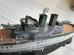Early CARETTE GUN BOAT tin Clockwork Original Paint Wind-Up Ship with Key