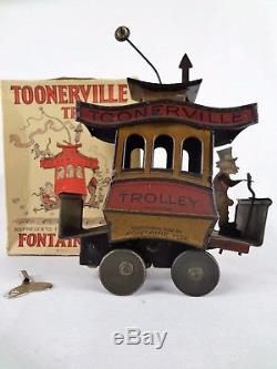 (Excellent Action) Toonerville Trolley Vintage Wind Up Tin Toy Nifty Toys
