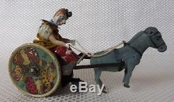 Great Vintage LEHMANN BALKY MULE Clown on Cart Lead by Donkey Tin Wind-Up Toy