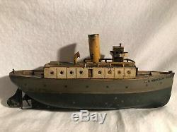 Ives Merchant Marine 1910s Wind Up Tin Clockwork Boat Antique Tin Toy Ship