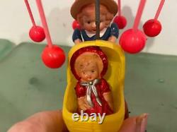 Japan Vtg Celluloid Tin Wind Up Girl Pushing Doll Baby Carriage Toy SEE VIDEO