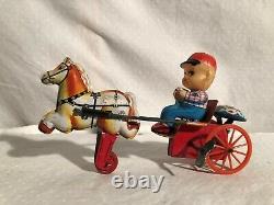 Kanto Celluloid Tin and Plastic Wind Up Toy Boy with Wagon Horse Sulky Japan