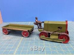 Kingsbury pressed steel wind-up Little Jim Green Crawler Tractor with Wagon Rare