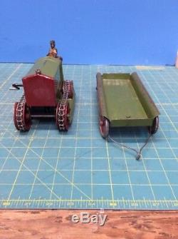 Kingsbury pressed steel wind-up Little Jim Green Crawler Tractor with Wagon Rare
