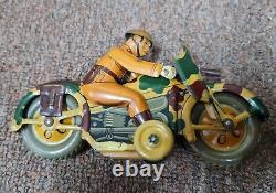 Kosuge Toy KT Japan Prewar 1930s Tin Toy Machine Gun Army Soldier Motorcycle