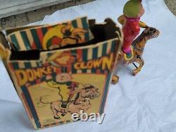 Kuramochi Alps C. K. Toys Wind Up Tin & Celluloid Donkey Clown With Box WORKS
