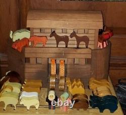 Large Vintage 3-Part Wood Wooden Noah's Ark With 34 Animals Figures & Noah Wife