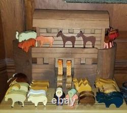 Large Vintage 3-Part Wood Wooden Noah's Ark With 34 Animals Figures & Noah Wife