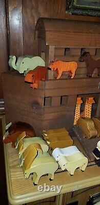 Large Vintage 3-Part Wood Wooden Noah's Ark With 34 Animals Figures & Noah Wife
