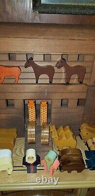 Large Vintage 3-Part Wood Wooden Noah's Ark With 34 Animals Figures & Noah Wife