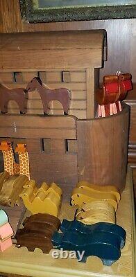 Large Vintage 3-Part Wood Wooden Noah's Ark With 34 Animals Figures & Noah Wife