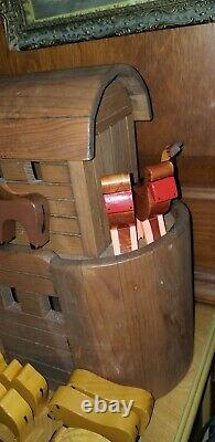 Large Vintage 3-Part Wood Wooden Noah's Ark With 34 Animals Figures & Noah Wife