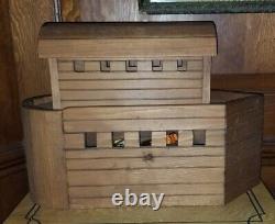 Large Vintage 3-Part Wood Wooden Noah's Ark With 34 Animals Figures & Noah Wife