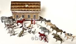 Late 19th Century Flat Bottom Toy Noah's Ark with 34 Figures. German Circa 1880