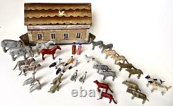 Late 19th Century Flat Bottom Toy Noah's Ark with 34 Figures. German Circa 1880