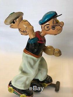 Linemar windup Popeye Roller Skating with Plate & can of Spinach TinToy Japan 1957