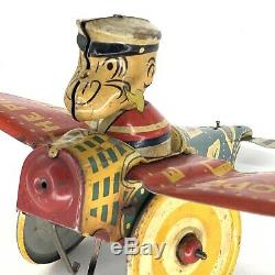 MARX 1930s Popeye the Pilot Airplane Aeroplane Tin Windup Toy Antique Rare