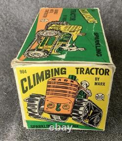 MARX 1950's CLIMBING TRACTOR SPARKLING TIN MIB WINDUP TOY RED WITH BOX