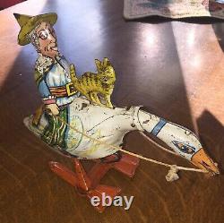 MARX Antique Mother Goose with Cat Galloping Goose Wind Up Tin Toy