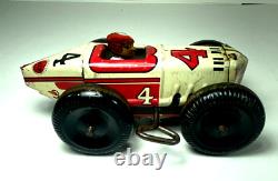 MARX TIN LITHO WINDUP SPEED BOATTAIL RACER #4 BALLOON TIRES RACE CAR with DRIVER