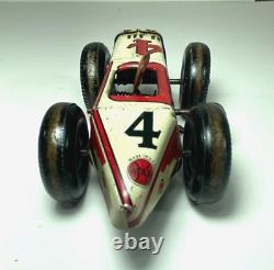 MARX TIN LITHO WINDUP SPEED BOATTAIL RACER #4 BALLOON TIRES RACE CAR with DRIVER