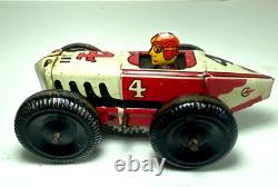 MARX TIN LITHO WINDUP SPEED BOATTAIL RACER #4 BALLOON TIRES RACE CAR with DRIVER