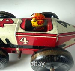 MARX TIN LITHO WINDUP SPEED BOATTAIL RACER #4 BALLOON TIRES RACE CAR with DRIVER