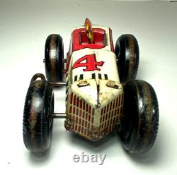 MARX TIN LITHO WINDUP SPEED BOATTAIL RACER #4 BALLOON TIRES RACE CAR with DRIVER