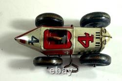 MARX TIN LITHO WINDUP SPEED BOATTAIL RACER #4 BALLOON TIRES RACE CAR with DRIVER