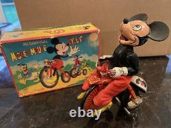 MECHANICAL MICKEY MOUSE WIND UP CYCLIST BY LINEMAR NM WithORIGINAL BOX 1950's RARE