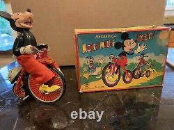 MECHANICAL MICKEY MOUSE WIND UP CYCLIST BY LINEMAR NM WithORIGINAL BOX 1950's RARE