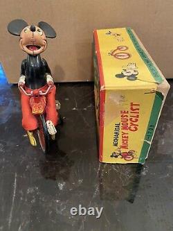 MECHANICAL MICKEY MOUSE WIND UP CYCLIST BY LINEMAR NM WithORIGINAL BOX 1950's RARE