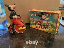 MECHANICAL MICKEY MOUSE WIND UP CYCLIST BY LINEMAR NM WithORIGINAL BOX 1950's RARE