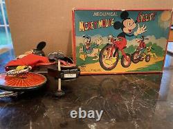 MECHANICAL MICKEY MOUSE WIND UP CYCLIST BY LINEMAR NM WithORIGINAL BOX 1950's RARE