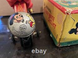 MECHANICAL MICKEY MOUSE WIND UP CYCLIST BY LINEMAR NM WithORIGINAL BOX 1950's RARE