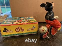 MECHANICAL MICKEY MOUSE WIND UP CYCLIST BY LINEMAR NM WithORIGINAL BOX 1950's RARE