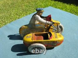 Marx Toys Tin Litho Wind Up Police Motorcycle with Sidecar in Working Condition