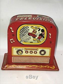 Mickey Mouse Tin Wind Up Walt Disney Productions Linemar Japan Television tv