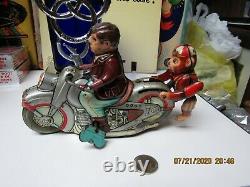 Monkey Rider Motorcycle Tin Litho Wind Up 1950 Kanto Japan Works Rare Toy