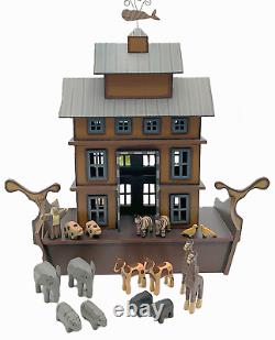 Noah's Ark Wood Folk Art Toy Playset Handcrafted Animals Large Primitive Rustic