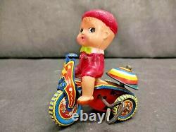 Old Vintage Boy On Bike Mechanical Wind-up Tricycle Tin Toy, Made In Japan