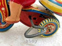 Old Vintage Boy On Bike Mechanical Wind-up Tricycle Tin Toy, Made In Japan