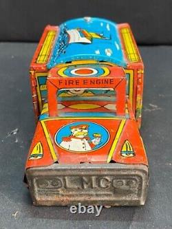 Old Vintage Rare Red Fire Engine Wind-up Truk Litho Print Toy Vehicle