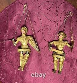 PAIR 2x Antique Vtg Knight Soldier Marionette Puppet Gold Armor Italian