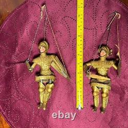 PAIR 2x Antique Vtg Knight Soldier Marionette Puppet Gold Armor Italian