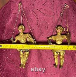 PAIR 2x Antique Vtg Knight Soldier Marionette Puppet Gold Armor Italian