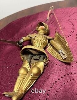 PAIR 2x Antique Vtg Knight Soldier Marionette Puppet Gold Armor Italian