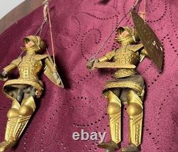PAIR 2x Antique Vtg Knight Soldier Marionette Puppet Gold Armor Italian