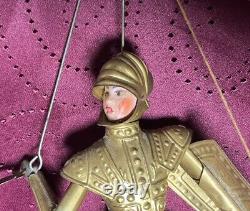 PAIR 2x Antique Vtg Knight Soldier Marionette Puppet Gold Armor Italian
