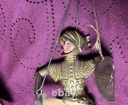 PAIR 2x Antique Vtg Knight Soldier Marionette Puppet Gold Armor Italian